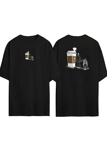 Coffee Refill Ön Arka Baskılı Sıyah Oversize T-Shirt