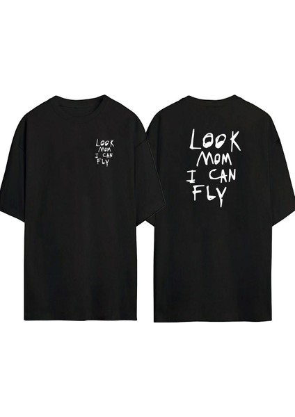 Look Mom I Can Fly Ön Arka Baskılı Sıyah Oversize T-Shirt