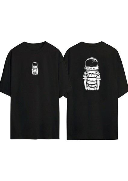 Astronot Cocuk Ön Arka Baskılı Sıyah Oversize T-Shirt