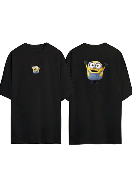 Minion Bob Minion Kevin Ön Arka Baskılı Sıyah Oversize T-Shirt