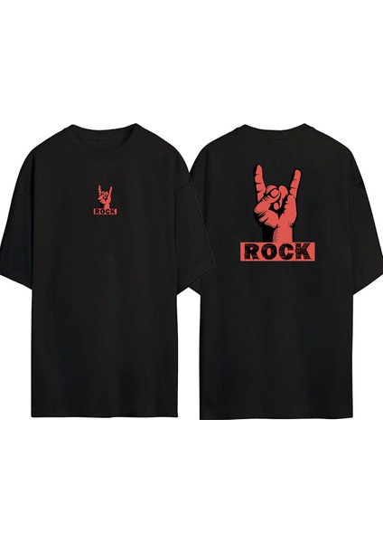 Rock El Hareketi Illüstrasyon Ön Arka Baskılı Sıyah Oversize T-Shirt