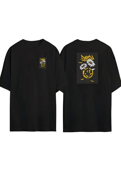 Daısy Smile Papatya Ön Arka Baskılı Sıyah Oversize T-Shirt
