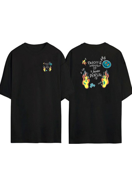 Peacefül Settlement Ön Arka Baskılı Sıyah Oversize T-Shirt