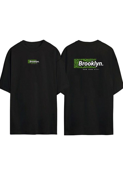 Brooklyn, New York Cıty Ön Arka Baskılı Sıyah Oversize T-Shirt