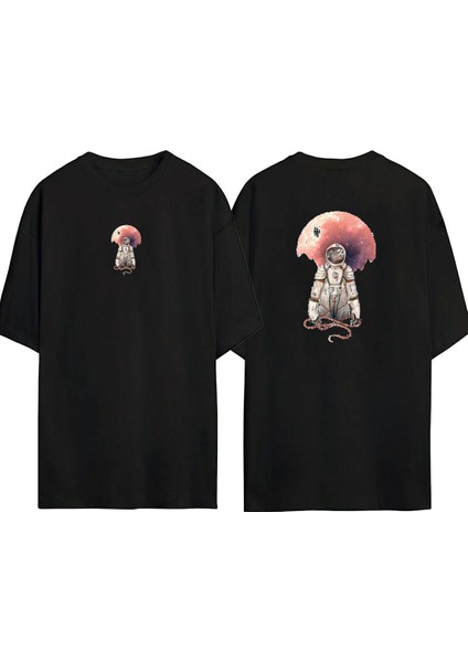 Astronot Takım Elbise Çizimi ve Ay Ön Arka Baskılı Sıyah Oversize T-Shirt