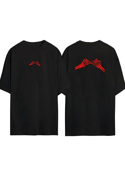 Skeleton Hand Idda Ön Arka Baskılı Sıyah Oversize T-Shirt
