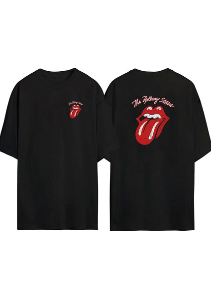 The Rolling Stones Ön Arka Baskılı Sıyah Oversize T-Shirt