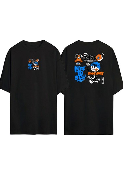 Here To Stay, Thuc Life! Ön Arka Baskılı Sıyah Oversize T-Shirt