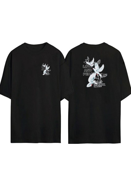 Love And Peace ,güvercin Ön Arka Baskılı Sıyah Oversize T-Shirt