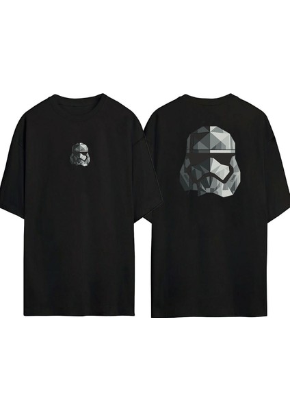Star Wars Kask Ön Arka Baskılı Sıyah Oversize T-Shirt