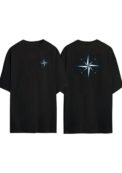 Siyah ve Beyaz Pusula Illüstrasyon Ön Arka Baskılı Sıyah Oversize T-Shirt