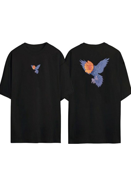Sunflower Headed Bird Ön Arka Baskılı Sıyah Oversize T-Shirt