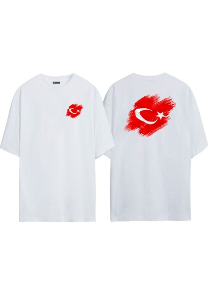 Türkiye Bayrağı Ön Arka Baskılı Beyaz Oversize T-Shirt fiyatları