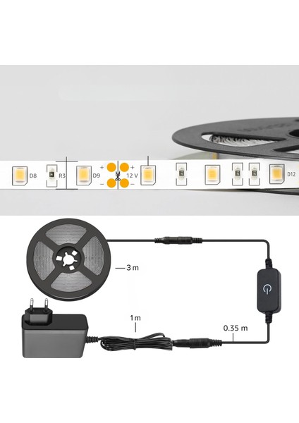 Amber LED 12V Yüksek Parlaklık 4040 Şerit LED Tak Çalıştır Hazır Set, 3 Metre Amber, Dokunmatik Aç-Kapa Dim edilebilir Anahtar ve Adaptör Dahil, Gizli Aydınlatma, Mutfak, Tezgah, Dolap İçi ve Ayna İçin