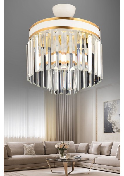 4 Nesil 4 Lü 2 Katlı Beyaza Gold Yaldızlı 30 Luk Salon Avize 30 Beyaz E27 Krom