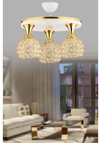 Beyaz Defne 3 Lü Kristal Top Beyaz Sarı Yaldızlı Tepsi Lüks Modern Avize Metal 3 Modern E27