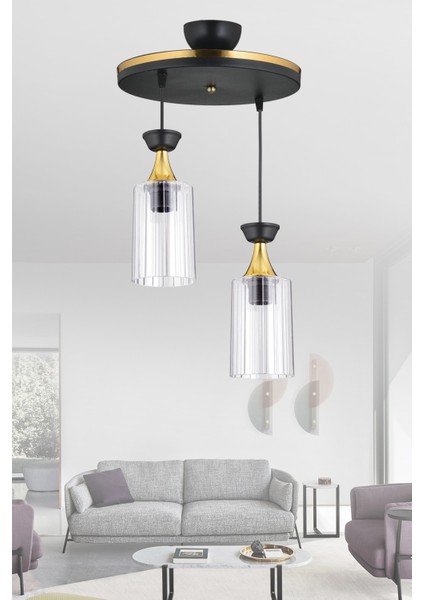 E27 Sarkıt Tepsi 2'li Boru Mika Şeffaf Sarı Şeritli Modern Avize 25 61-70 cm Metal 2 Modern Siyah