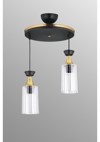 E27 Sarkıt Tepsi 2'li Boru Mika Şeffaf Sarı Şeritli Modern Avize 25 61-70 cm Metal 2 Modern Siyah