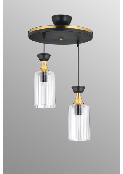 E27 Sarkıt Tepsi 2'li Boru Mika Şeffaf Sarı Şeritli Modern Avize 25 61-70 cm Metal 2 Modern Siyah
