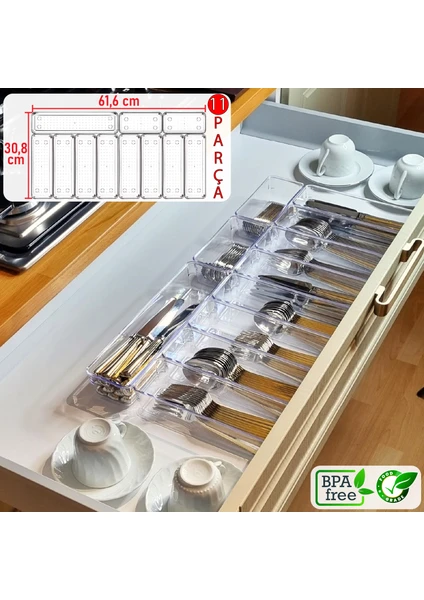 Color House 11'li Set Modüler Kaşıklık Mutfak Çekmece Içi Organizer Şeffaf Clear Çatal Bıçak Kaşık Düzenleyici