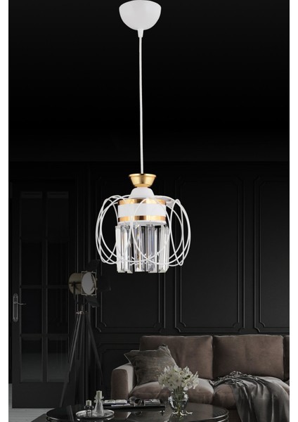 Beyaz Sarkıt Tepsi Beyaz Tekli Güneş Sarı Kristal Taşlı Aşağı Bakan Lüks Avize 61-70 cm E27 Kristal