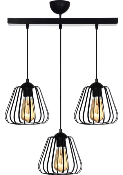 61-70 cm Açelya 3 Lü Sıralı Avize Siyah Modern E27 Siyah Çelik 3