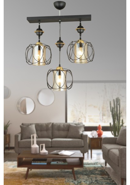 61-70 cm Sıralı Siyah 3'lü Güneş Aşağı Bakan Lüks Avize Siyah E27 35 x 50 Modern Metal 3