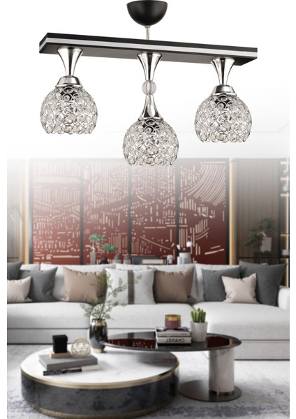 Metal Cansu 3 Lü Siyah Krom Yaldızlı Kristal Top Modern Avize Siyah Modern 3 E27