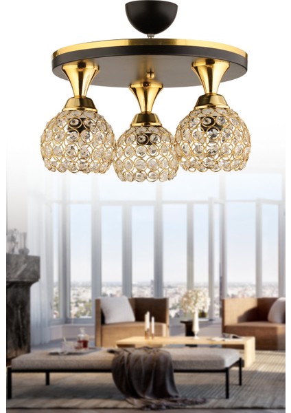 Metal Defne 3lü Profonyer Siyah Sarı Yaldızlı Kristal Top Modern Lüks Avize E27 3 Siyah Modern