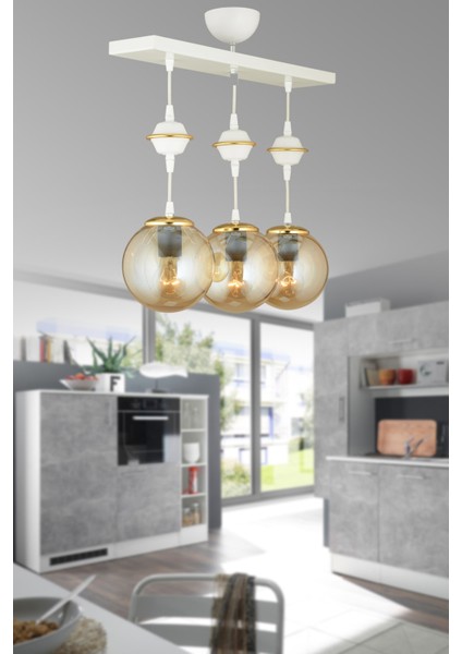 71-80 cm Sıralı Beyaz 3'lü Bal Glop Camlı Aşağı Bakan Lüks Avize 50 x 50 Beyaz Metal E27 3 Modern
