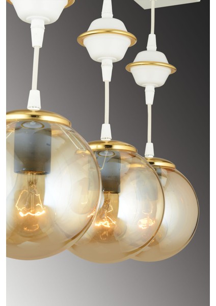 71-80 cm Sıralı Beyaz 3'lü Bal Glop Camlı Aşağı Bakan Lüks Avize 50 x 50 Beyaz Metal E27 3 Modern