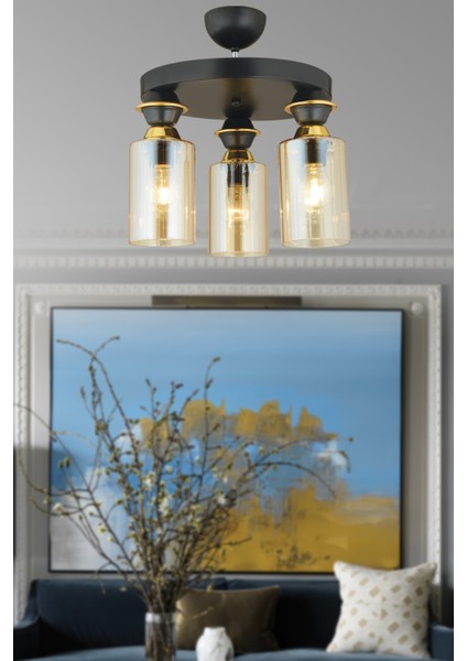 3 Siyah 3'lü Plafonyer Silindir Camlı Aşağı Bakan Lüks Avize 30 x 30 Siyah E27 Modern