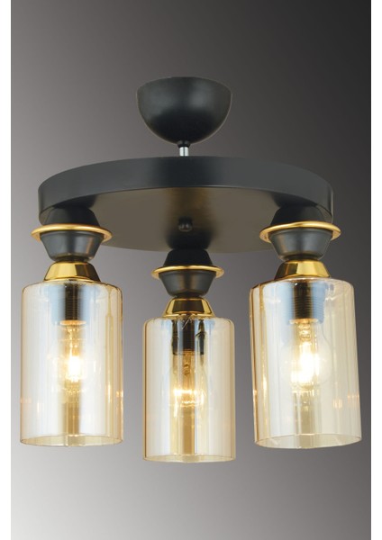 3 Siyah 3'lü Plafonyer Silindir Camlı Aşağı Bakan Lüks Avize 30 x 30 Siyah E27 Modern