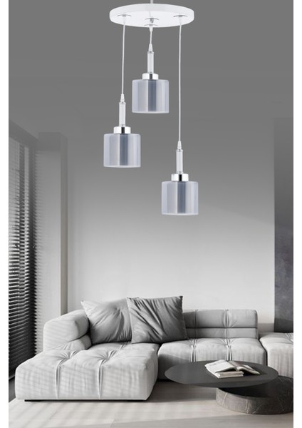 Gri Sarkıt Tepsi Beyaz 3'lü Çift Cam Füme Camlı Avize Metal Modern 70 x 90 3 61-70 cm E27 Salon / O