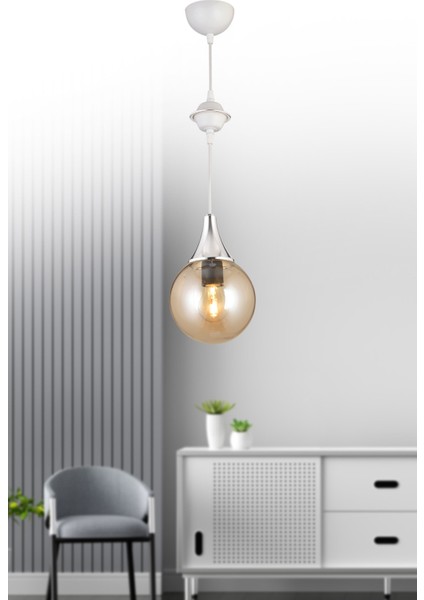 Modern Beyaz Tekli Bal Glop Top Camlı Krom Aşağı Bakan Lüks Modern Avize 81-90 cm 35 x 35 Metal 1 B