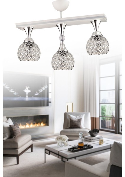 E27 Cansu 3 Lü Beyaz Krom Yaldızlı Kristal Top Modern Lüks Avize Metal Modern 3 Beyaz