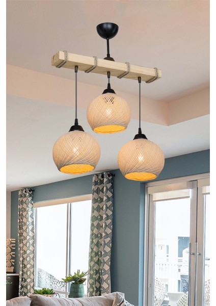 Bej Aspe 3lü Avize - Krem Yumak Toplu/salon-Oturma Odası-Çocuk Odası-Yemek Odası-Mutfak-Antre-Hol