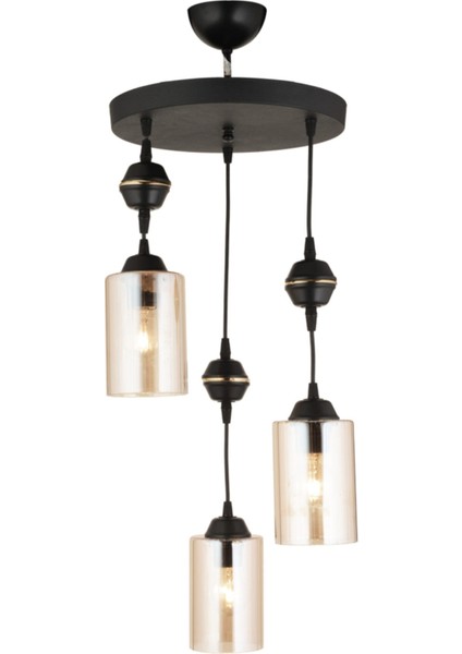 E27 Sarkıt Tepsi 3'lü Siyah Silindir Cam Modern Aşağı Bakan Avize Metal Modern 81-90 cm Siyah 3