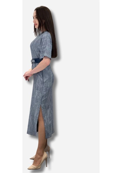 Kadın Denim Kumaş Kısa Kol Yanları Yırtmaç Detaylı Kemer Aksesuarlı Elbise fiyatları