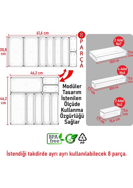 Color House 8'li Set Modüler Kepçelik Kaşıklık Mutfak Çekmece Içi Düzenleyici Dolap Içi Makyaj Şeffaf Organizer