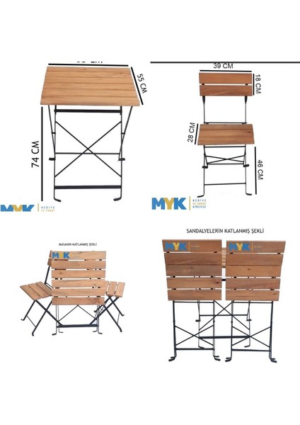 Ahşap Katlanır Masa Sandalye Bahçe Balkon Mutfak Takımı 2 Sandalye 1 Masa Bistro Takım
