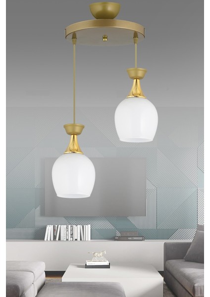 25 Sarkıt Tepsi 2'li Eskitme Fanus Beyaz Camlı Sarı Lüks Modern Avize Kahverengi Metal 2 Modern 51-