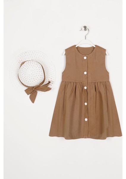Bisiklet Yaka Sıfır Kol Cıtcıt Dugmelı Sapkalı Kahverengi Renk Kız Çocuk Elbıse