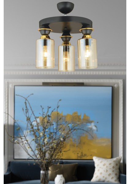 30 Siyah 3'lü Plafonyer Boru Camlı Lüks Avize Modern 2 35 - 50 Metal Siyah E27 Salon / Oturma Odası
