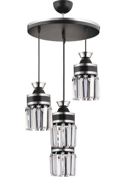 35 Nairobi 4'lü Siyah Sarkıt Kristal Taşlı Krom Şeritli Silindir Lüks Avize Siyah 81-90 cm Metal E2
