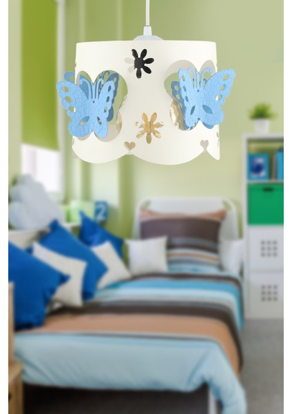 Beyaz Alara Tekli Avize Beyaz Mavi Kelebek Modern Metal 51-60 cm E27 Tek Ebat 1
