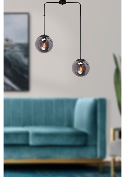 Siyah Recoba Modern Metal Kasalı Füme Camlı Salon - Mutfak - Yatak Odası 2 Li Avize E27 Cam 2