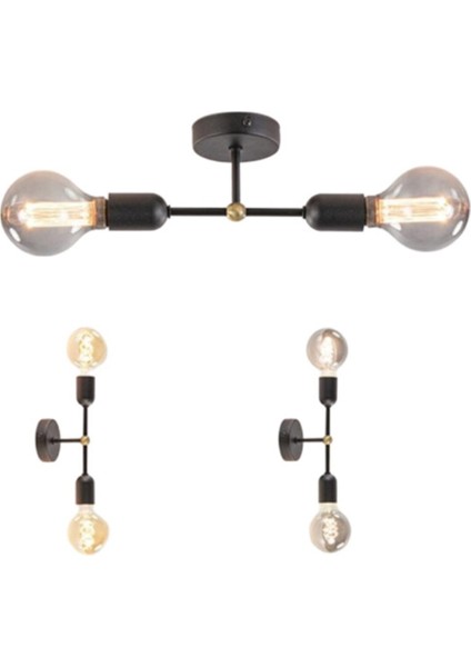 2 Modern Metal Retro Ayna Üstü 2XE27 Duylu Duvar Aplik Metal Rustik Siyah