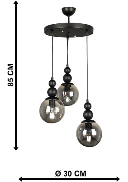 Salon / Oturma Odası Spor Siyah Avize 3lü Füme Cam 30 x 46 Metal 71-80 cm Modern Siyah E27 3