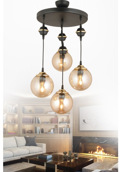 20 Sarkıt Tepsi Siyah 4'lü Bal Glop Camlı Aşağı Bakan Lüks Avize 81-90 cm 4 Metal Siyah E27 Modern